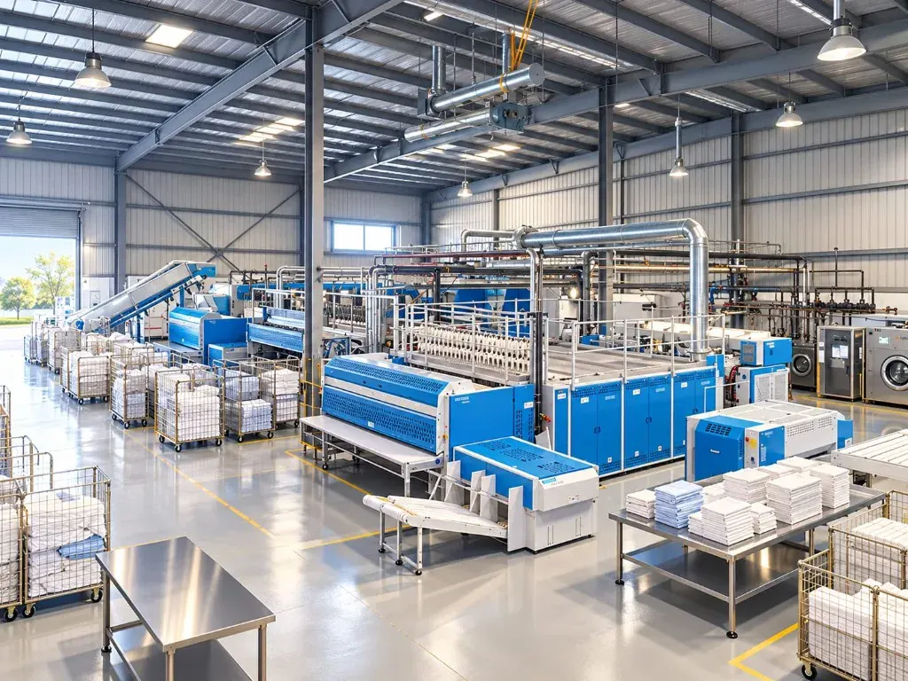 Commercial laundry folding and finishing area with folded linens