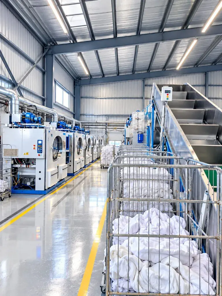 Industrial washing line and linen carts in a commercial facility