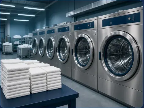 High-capacity commercial washers with finished towel stacks